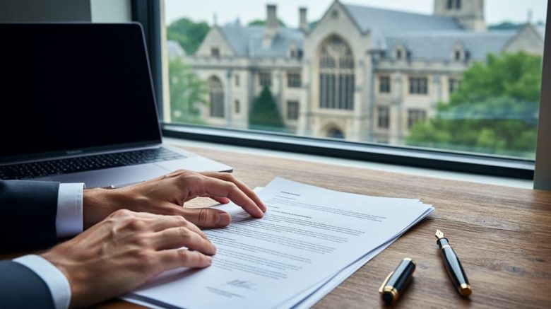 Close-up of hands examining a printed contract on a wooden desk next to a laptop and pen, lit by soft daylight, with a blurred collegiate gothic campus visible through a window; no legible text or logos.