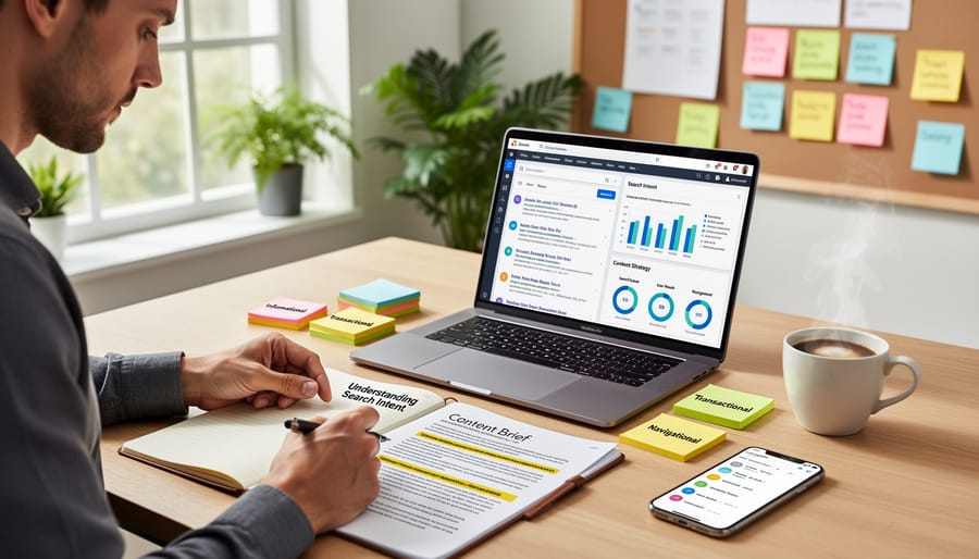 Freelance writer researching search intent while working on laptop at desk