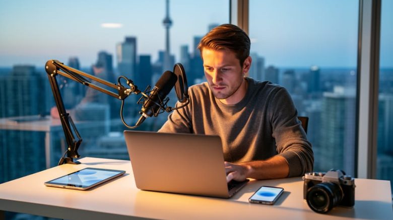 Canadian freelance writer at a modern desk with laptop, tablet, smartphone, podcast microphone, and camera, lit by golden-hour window light, with the Toronto skyline softly blurred in the background; device screens show no visible text.