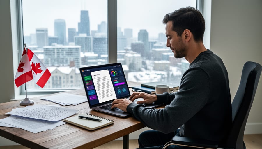 Professional Canadian freelance writer working at home office with dual monitors