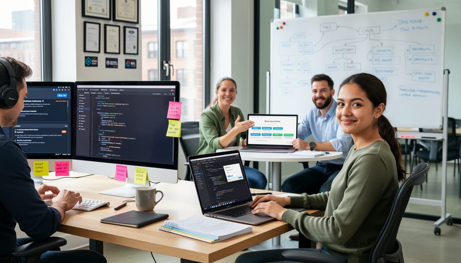 Freelance technical writer working confidently at modern workspace
