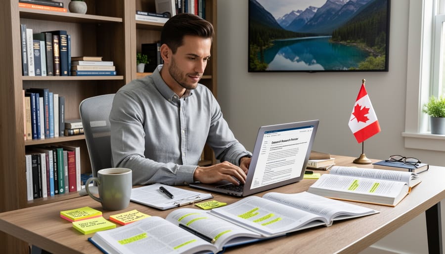 Professional freelance writer working at home office desk with computer monitors