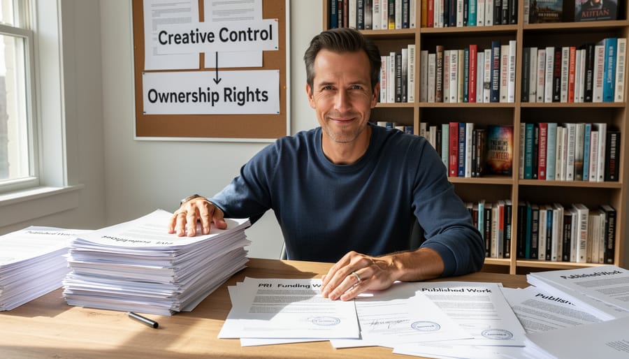 Writer holding published book in library surrounded by bookshelves