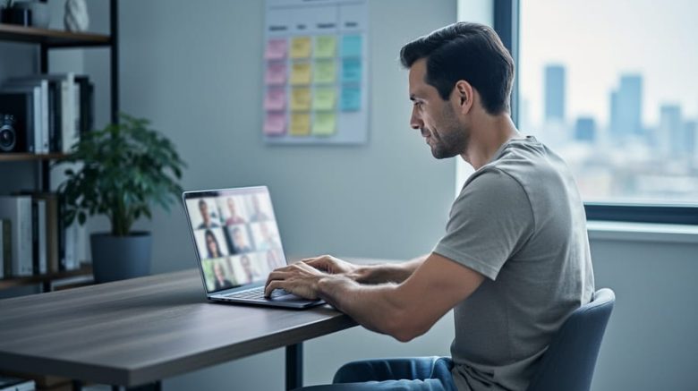Freelance writer at a tidy home desk on a video call, laptop screen showing a blurred grid of faces without readable text, with color-coded sticky notes, a plant, and a distant city skyline softly blurred in the background under natural window light.