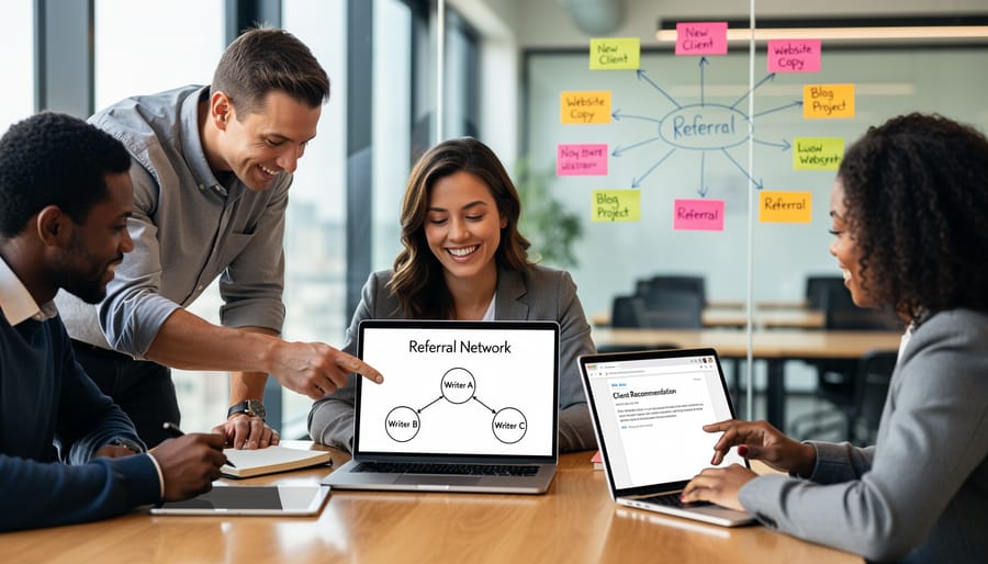 Group of freelance professionals collaborating together at shared workspace table