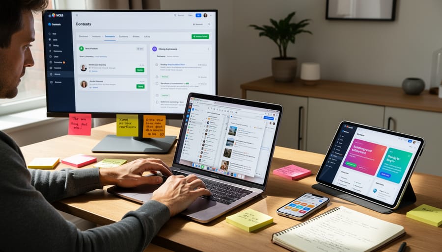 Writer working with multiple devices showing different content platforms simultaneously