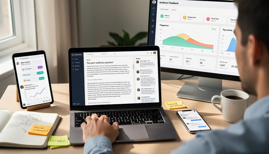 Freelance writer at desk reviewing reader feedback on laptop and smartphone