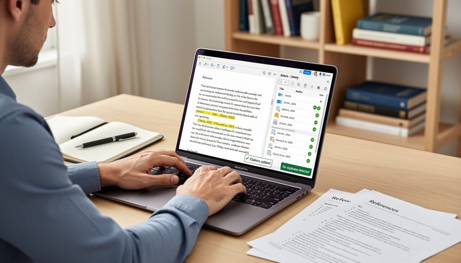 Close-up of hands typing on laptop in library setting with bookshelves in background