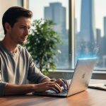 Eye-level medium photo of a freelance writer at a wooden desk using a laptop, with a soft translucent AI-like glow near the screen, morning daylight from the left, and blurred bookshelves, plant, and glass high-rise skyline in the background; no visible text or logos.
