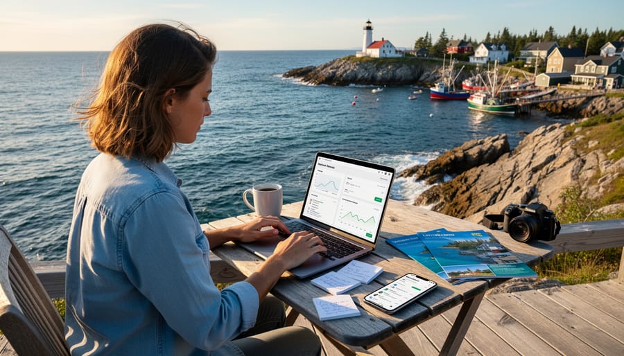 Laptop workspace overlooking Halifax harbor representing remote freelance writing opportunities