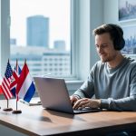 Canadian freelance writer wearing headphones working at a laptop in a sunlit home office, with a blurred city skyline outside a large window and small desk flags of Canada, the United States, the United Kingdom, and the Netherlands.