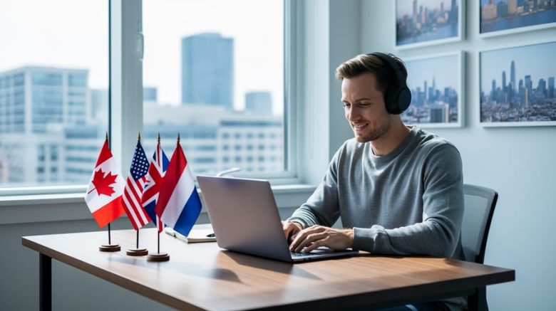 Canadian freelance writer wearing headphones working at a laptop in a sunlit home office, with a blurred city skyline outside a large window and small desk flags of Canada, the United States, the United Kingdom, and the Netherlands.