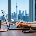 Canadian freelance writer at a home office desk, hands on a laptop preparing an invoice, with a smartphone and maple leaf mug nearby and a blurred Toronto skyline in the window.