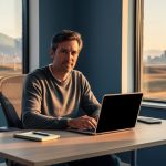 Canadian freelance writer at a modern desk in warm evening light with a window view of coastal mountains, prairie wind turbines, and a distant city skyline, representing regional and cross-border markets.