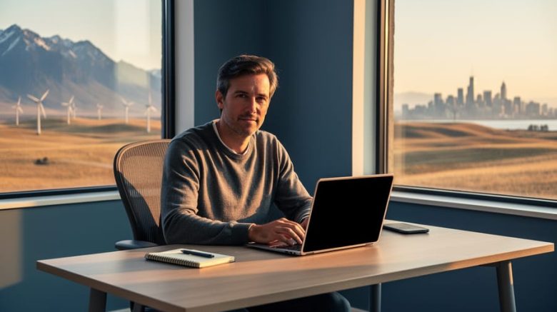 Canadian freelance writer at a modern desk in warm evening light with a window view of coastal mountains, prairie wind turbines, and a distant city skyline, representing regional and cross-border markets.
