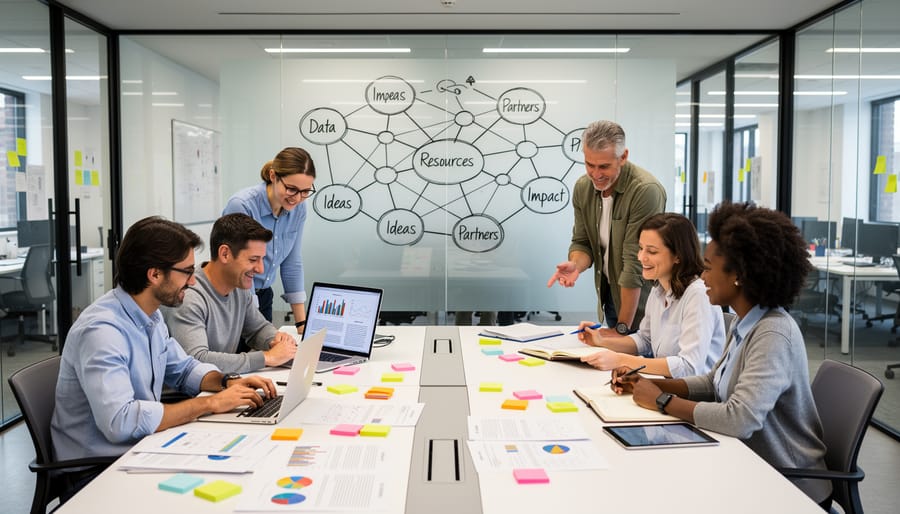 Overhead view of multiple hands collaborating over shared documents on wooden table