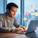 Freelance writer typing on a laptop at a modern desk, with ethereal branching light trails and small trophy, heart, and coin icon motifs rising from the keyboard, soft daylight, and a blurred bookshelf and city skyline in the background