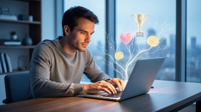 Freelance writer typing on a laptop at a modern desk, with ethereal branching light trails and small trophy, heart, and coin icon motifs rising from the keyboard, soft daylight, and a blurred bookshelf and city skyline in the background
