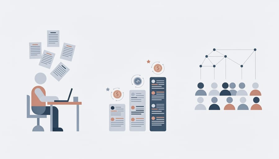 Writer working on laptop with digital gaming elements representing competitive storytelling platforms