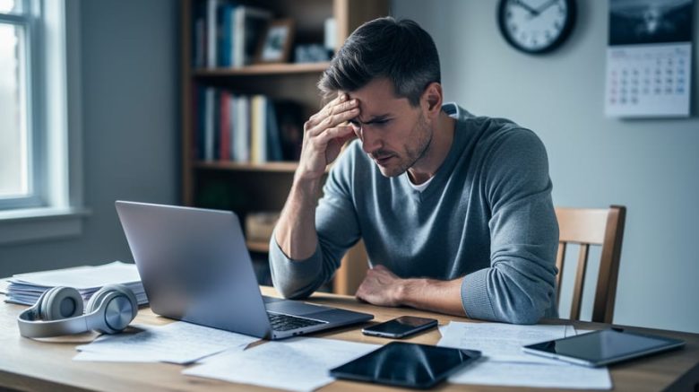 Freelance writer rubbing temples at a cluttered home desk with laptop, smartphone, and tablet; soft daylight from a side window; blurred bookshelves, wall clock, and calendar in the background with no readable text.