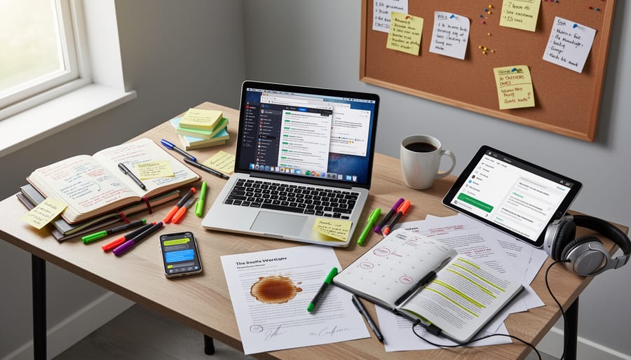 Overhead view of cluttered writer's desk with laptop, phone, notebooks and papers scattered across surface