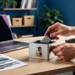 Hands locking a small metal box with a portable SSD on a wooden desk, beside a closed laptop with a privacy filter, headphones, and papers showing redacted lines in soft natural light