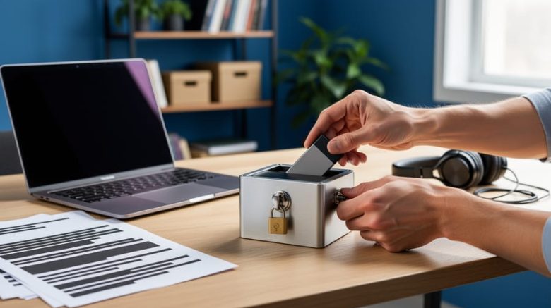 Hands locking a small metal box with a portable SSD on a wooden desk, beside a closed laptop with a privacy filter, headphones, and papers showing redacted lines in soft natural light