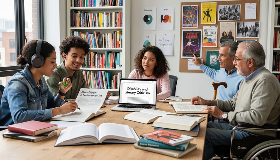 Diverse group of writers collaborating at library table with books and laptops