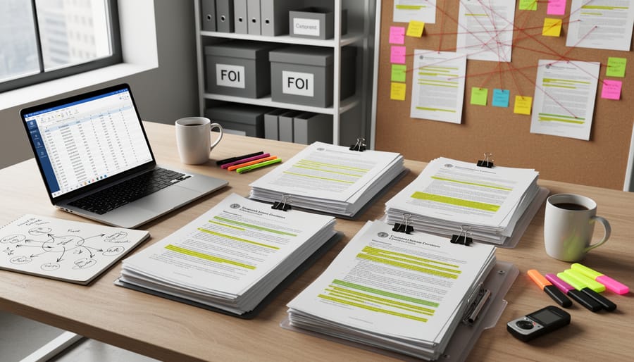 Research workspace with multiple documents being organized and analyzed
