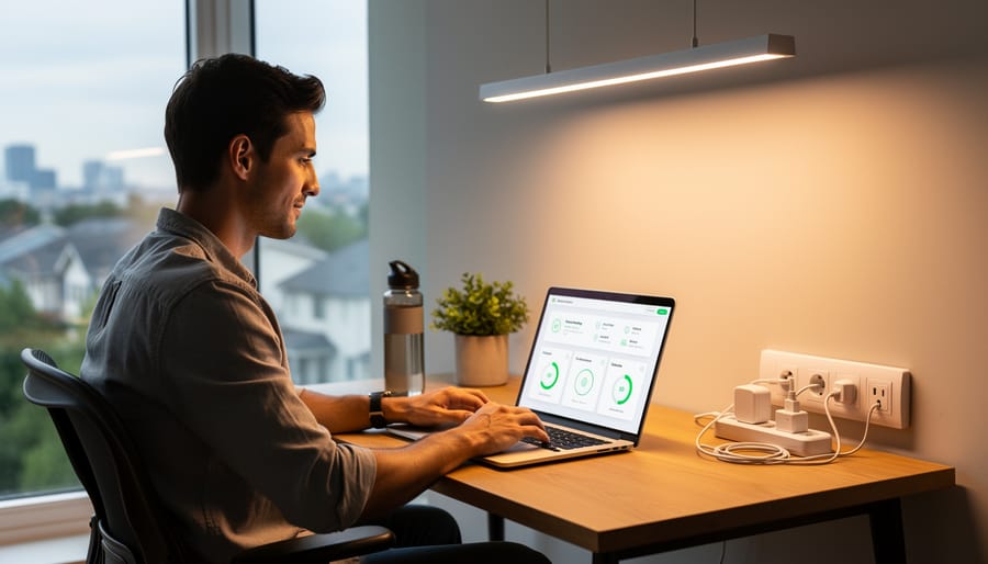Energy-efficient LED desk lamp and power strip in modern home office