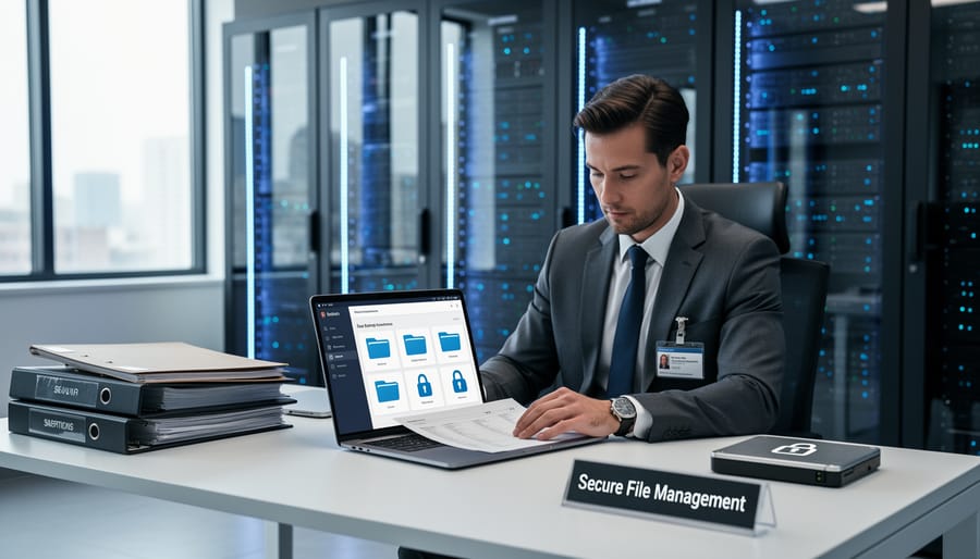 Writer organizing secure digital files on computer