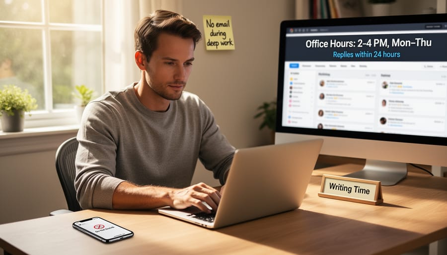 Writer's hands typing on laptop with smartphone placed face-down nearby