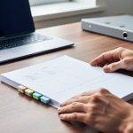 Hands aligning a neatly tabbed stack of documents on a tidy wooden desk beside a laptop with blurred screen and a binder, suggesting structured content governance with no visible text.