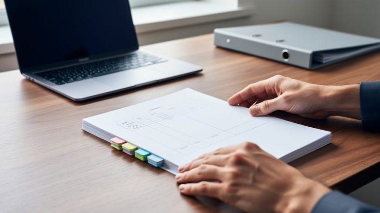 Hands aligning a neatly tabbed stack of documents on a tidy wooden desk beside a laptop with blurred screen and a binder, suggesting structured content governance with no visible text.
