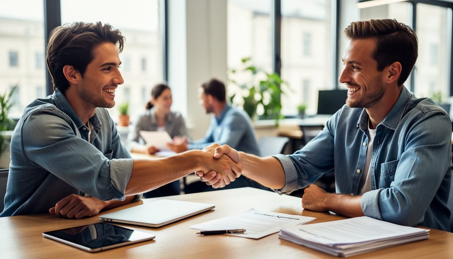 Business handshake over desk with laptop and contract representing closed freelance deal