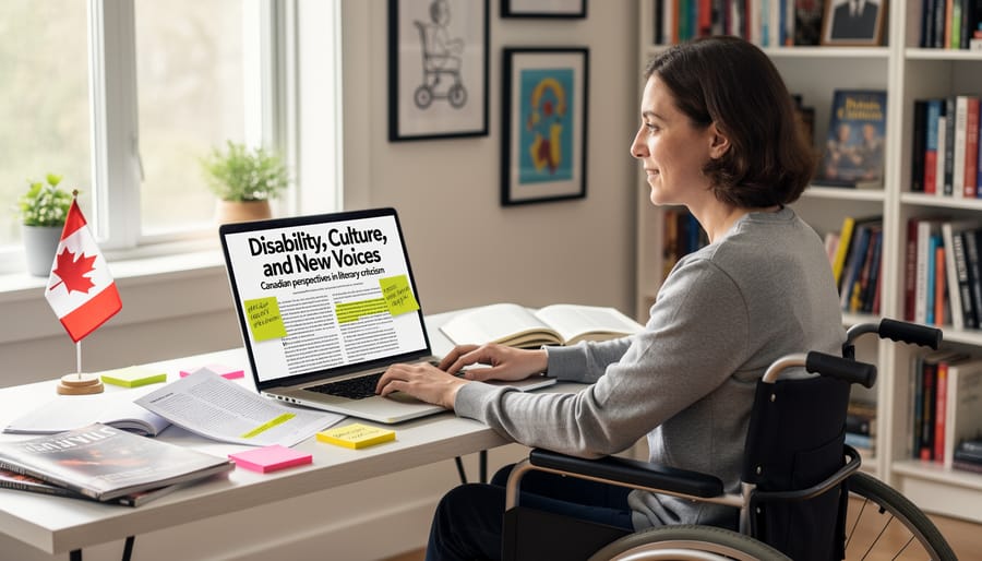Freelance writer's home office workspace with adaptive technology and natural lighting