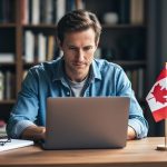 Freelance grant writer typing on a laptop at a wooden desk with a small Canadian flag in a pen holder, eyeglasses and a blank notebook, soft daylight, and blurred shelves with books and a potted sapling in the background