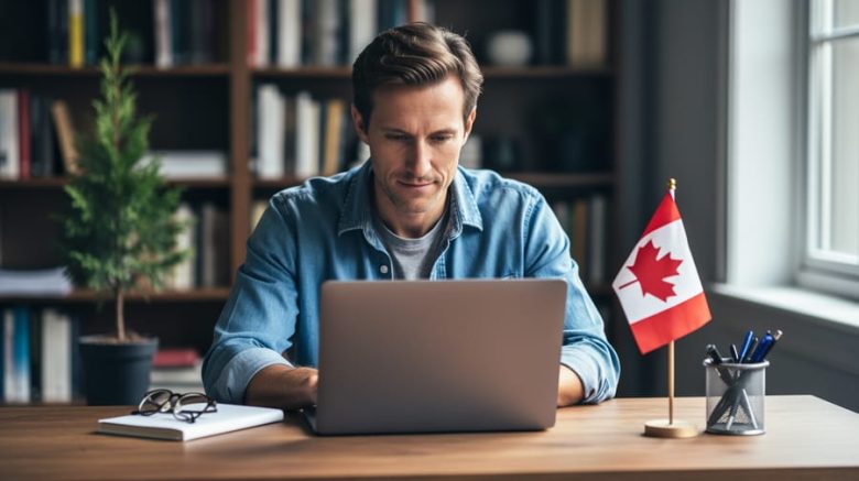 Freelance grant writer typing on a laptop at a wooden desk with a small Canadian flag in a pen holder, eyeglasses and a blank notebook, soft daylight, and blurred shelves with books and a potted sapling in the background
