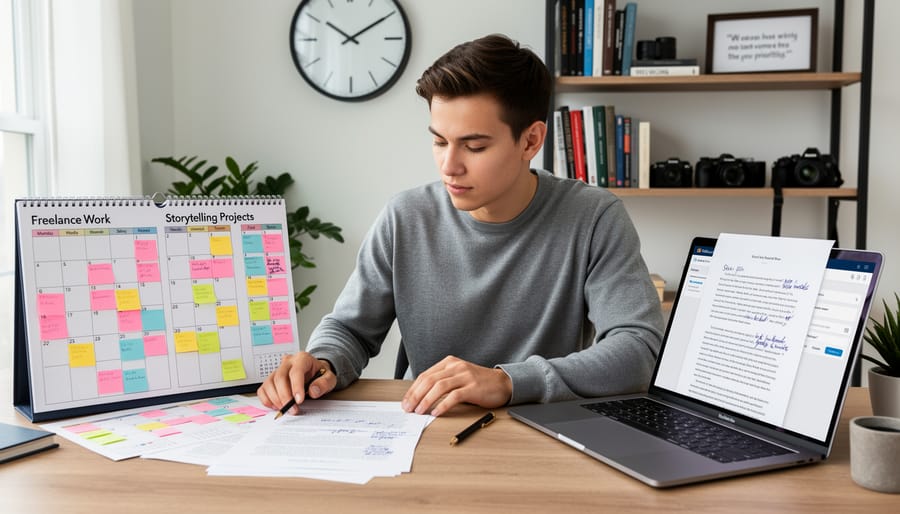 Organized workspace showing laptop and clock representing time management for freelance writers