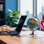Freelance writer at a minimalist desk typing on a laptop with a small globe and UK/US desk flags, softly lit by window light, with a blurred city skyline in the background