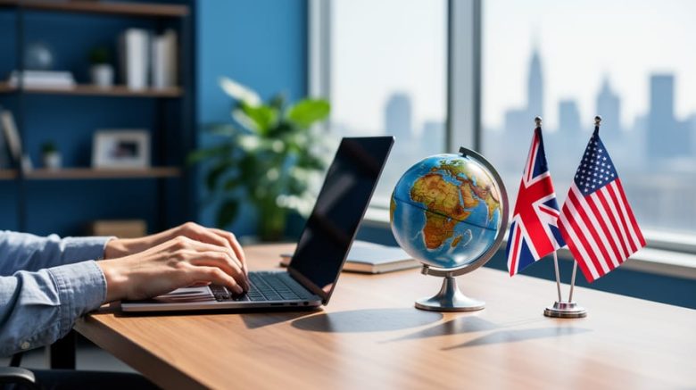 Freelance writer at a minimalist desk typing on a laptop with a small globe and UK/US desk flags, softly lit by window light, with a blurred city skyline in the background