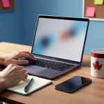 Hands of a freelance writer using a laptop and notebook at a tidy desk with a red-and-white maple leaf mug, while a corkboard with color-coded sticky notes and a wall calendar are softly blurred in the background; no readable text visible.