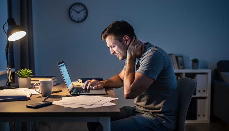 Freelance writer working at home office desk with poor posture