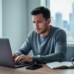 Concerned freelance writer at a home office desk looking at a laptop, with a smartphone face down, notebook, and coffee mug nearby; soft daylight and a blurred Toronto skyline through the window.