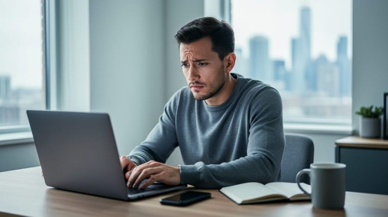 Concerned freelance writer at a home office desk looking at a laptop, with a smartphone face down, notebook, and coffee mug nearby; soft daylight and a blurred Toronto skyline through the window.
