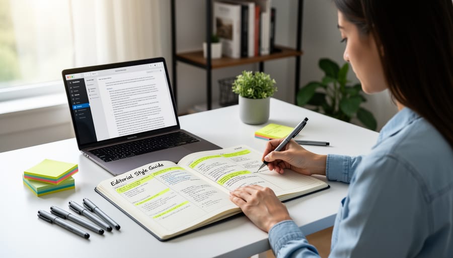 Freelance writer working with style guide reference while typing