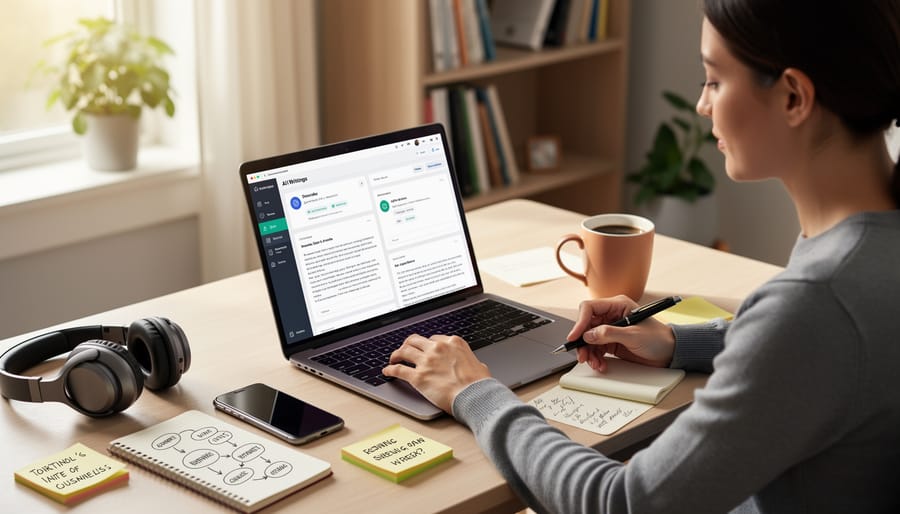 Freelance writer working on laptop with AI writing assistant interface