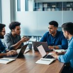 Four diverse freelance writers collaborate at a modern table with laptops and notebooks, one person gesturing as others focus on a shared screen, photographed from a slightly elevated angle in soft daylight with a blurred glass-walled office and bookshelves behind them.