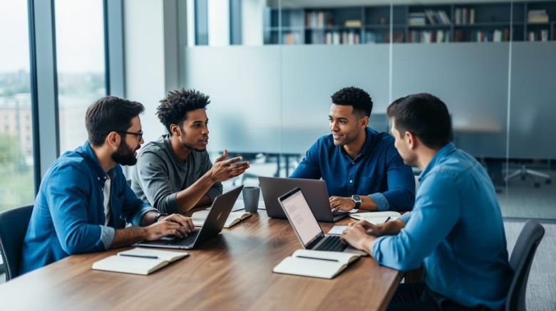 Four diverse freelance writers collaborate at a modern table with laptops and notebooks, one person gesturing as others focus on a shared screen, photographed from a slightly elevated angle in soft daylight with a blurred glass-walled office and bookshelves behind them.