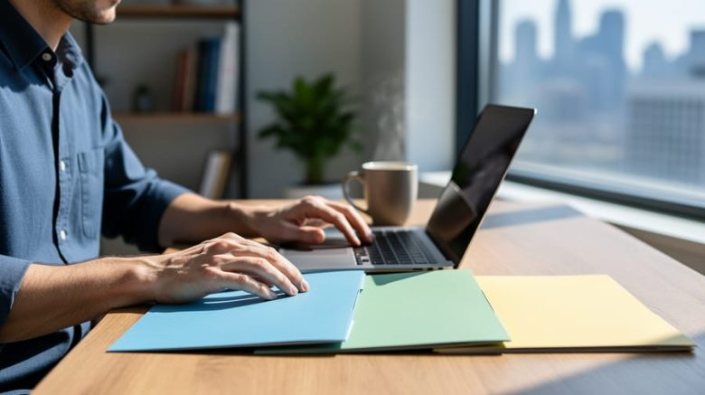 Freelance writer at a tidy desk organizing three colored folders next to a laptop and coffee, representing tiered writing service packages, softly lit by window light with a blurred office background.